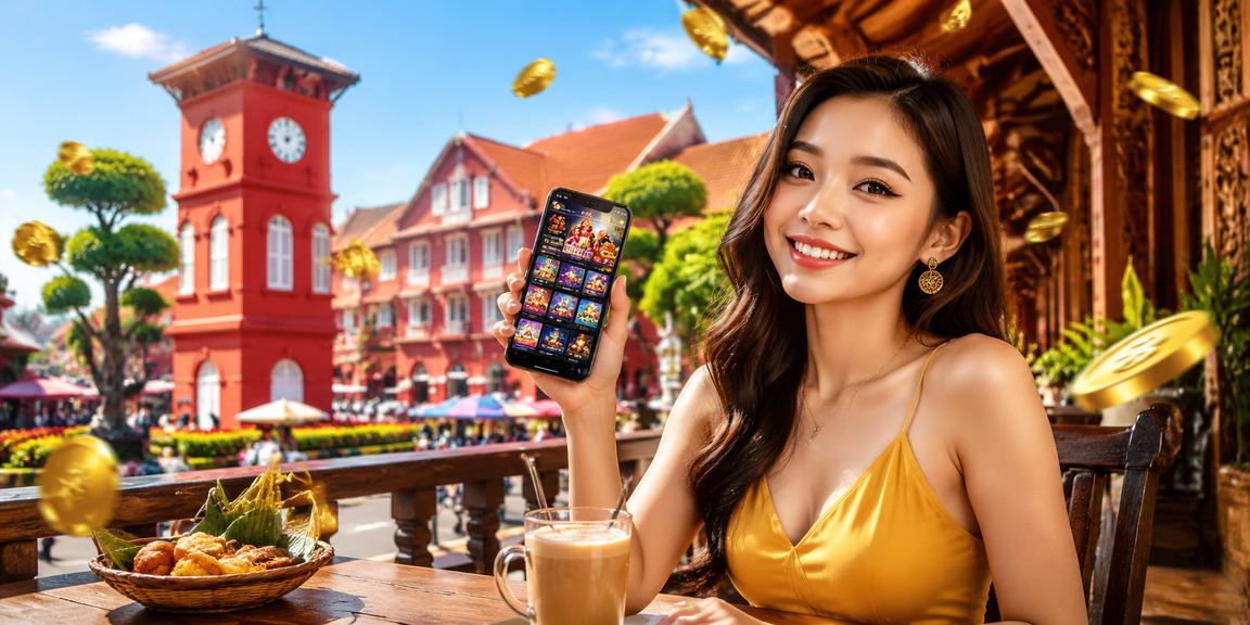 Skrin telefon menunjukkan bonus rebat permainan slot 1121 dengan latar belakang warisan Melaka